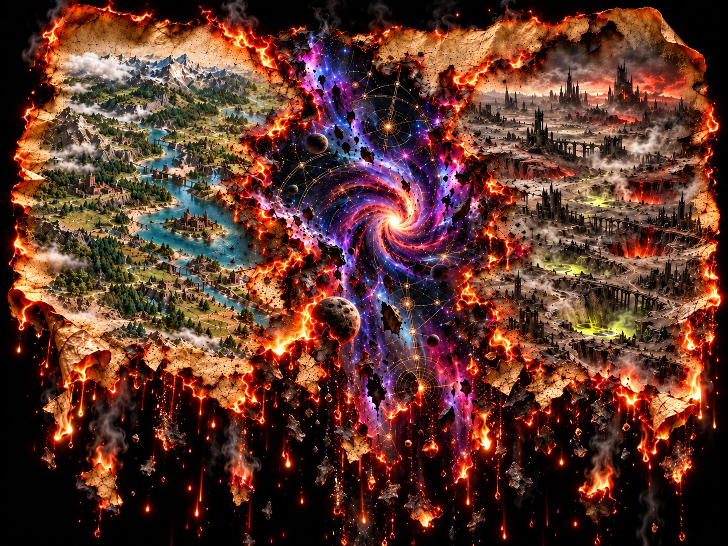 A burning map of the worlds where the crows cross — a green living realm, a cosmic rift, and a city of ash.