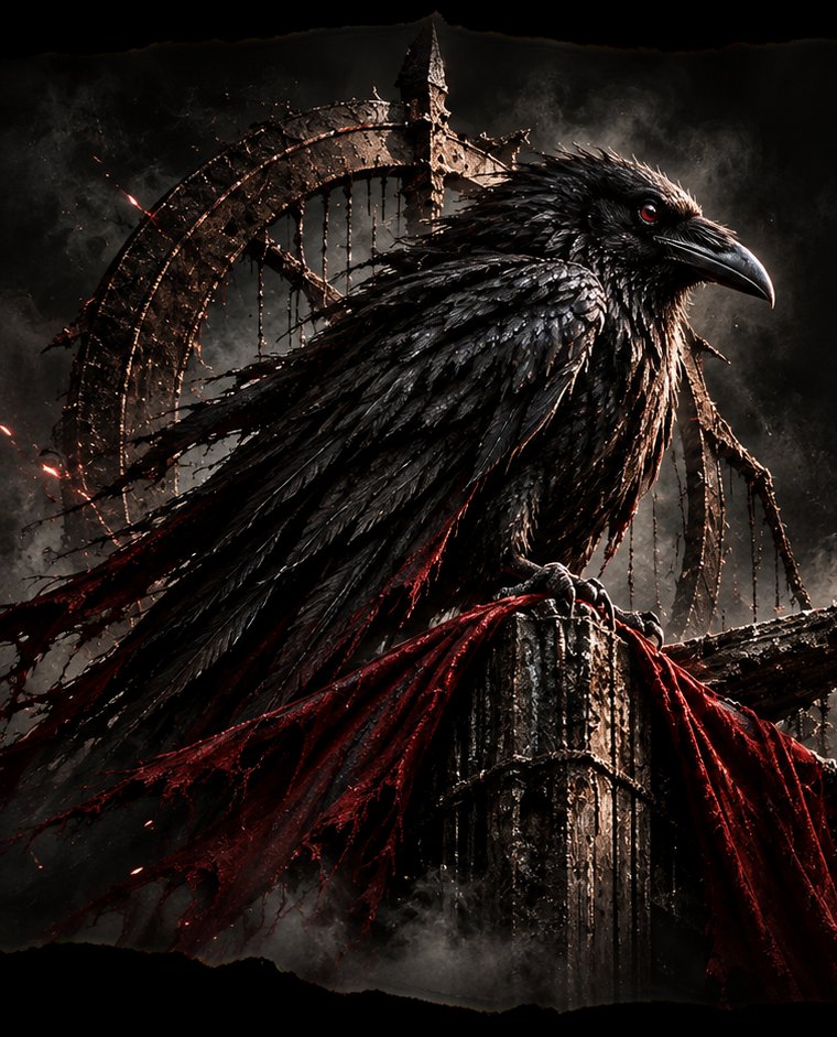 A black raven perched on a ruined, blood-soaked gate — the mark of Where the Crows Cross.