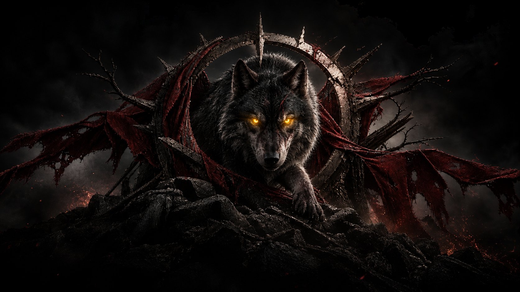 A black wolf with burning eyes, red tattered wings spread behind a ruined iron ring — the mark of the Unmade.