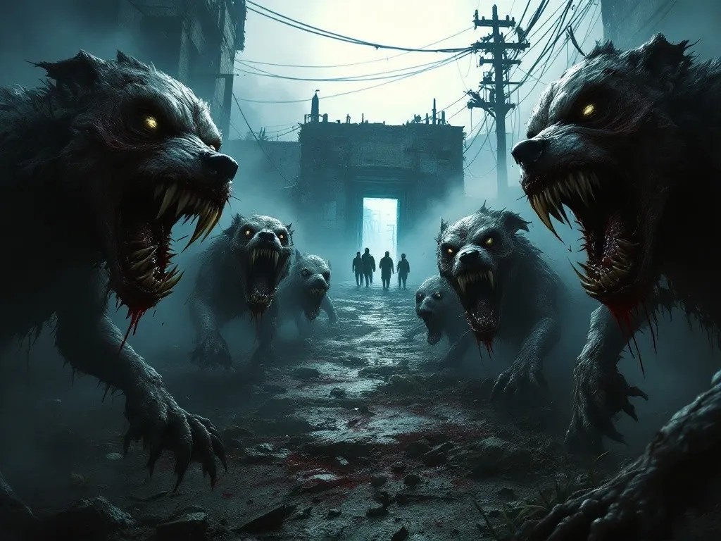 The pack in the moonlight at the station wall